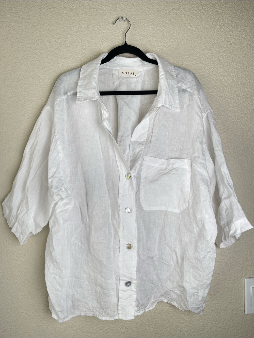 SOLAÍ The Label Lightweight White Linen Button-Up Oversized Shirt Size Medium